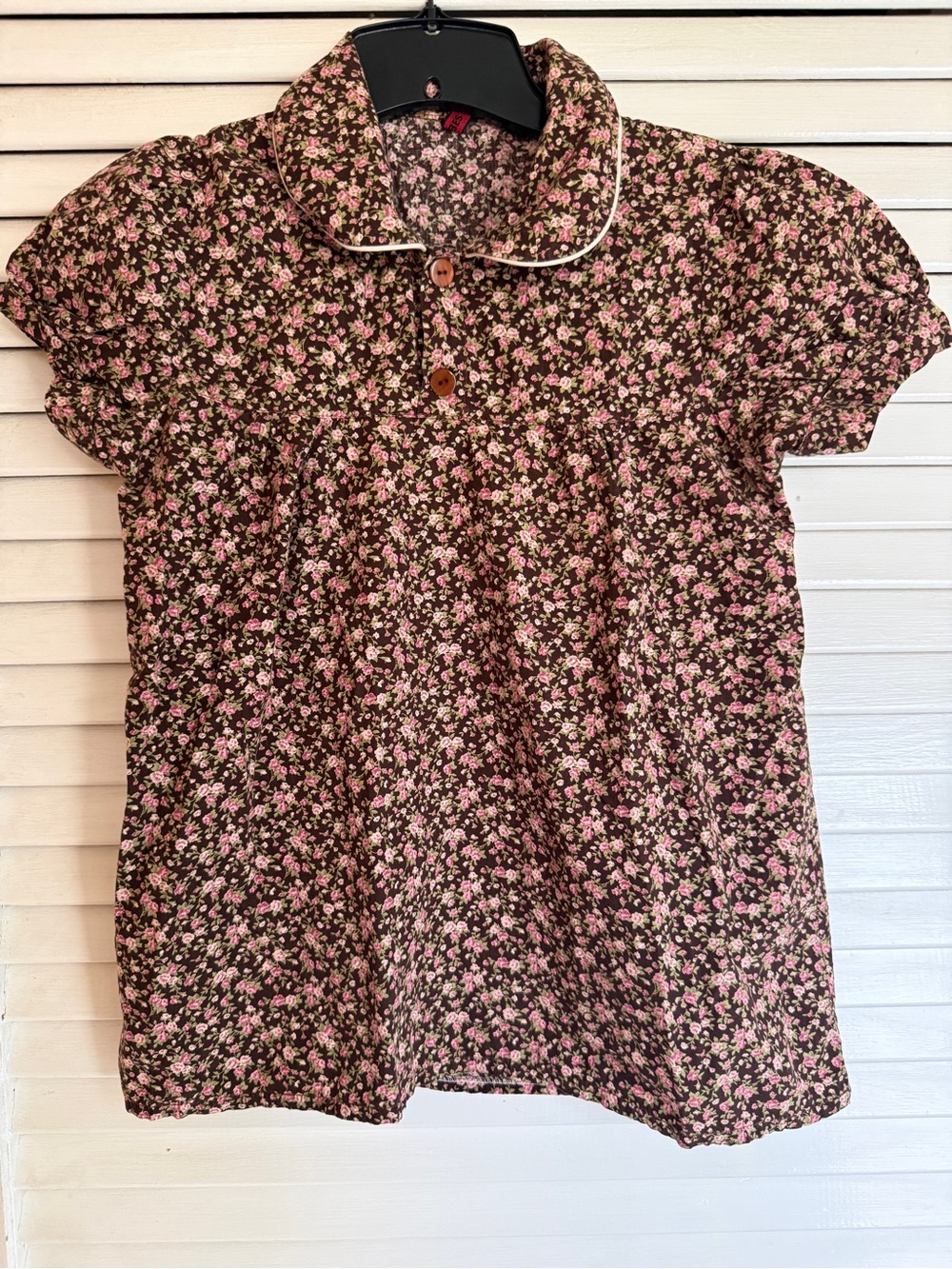 Women’s Cottage Core Brown and Pink Floral Button-Front Blouse Size XS